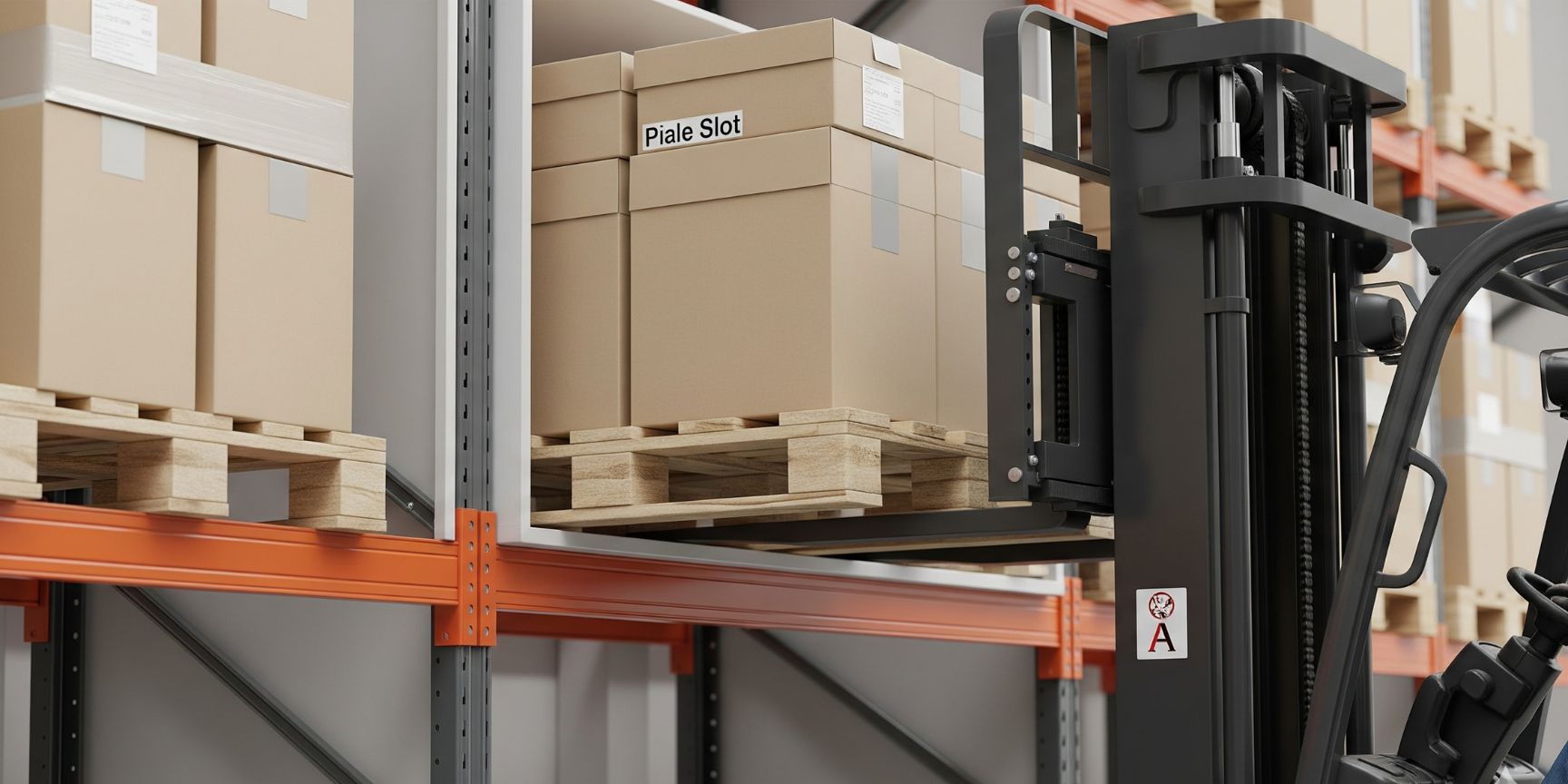 Gabelstapler platziert eine Palette präzise in einen freien Palettenstellplatz in einem Stahlregal, was die genauen Dimensionen und das Handling in der Lagerlogistik veranschaulicht.